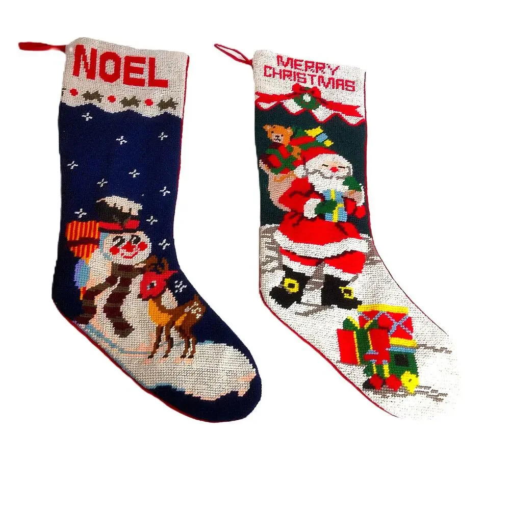 Vintage Needlepoint Christmas Stockings Santa & Snowman Set